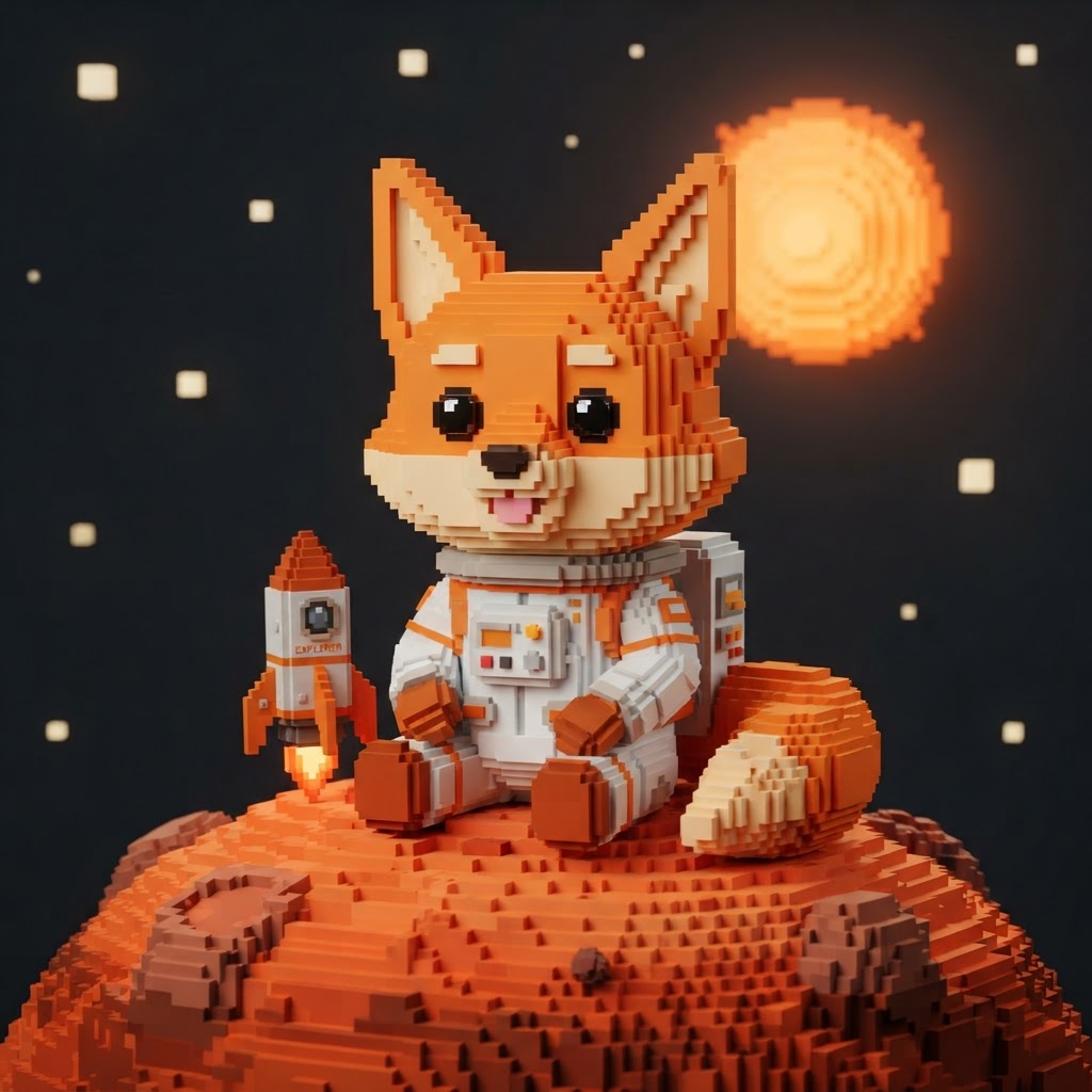 Metafox exploring a voxel moon in an astronaut suit
